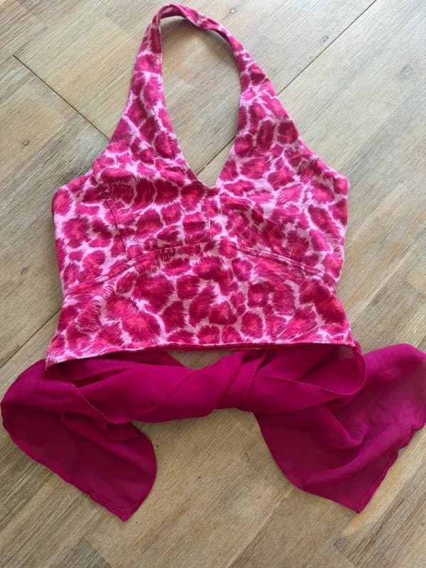 Vintage Dressing Y2K Pink Leopard Print Halterneck Scarf Tie Crop Top Festival Ibiza Coquette UK 6