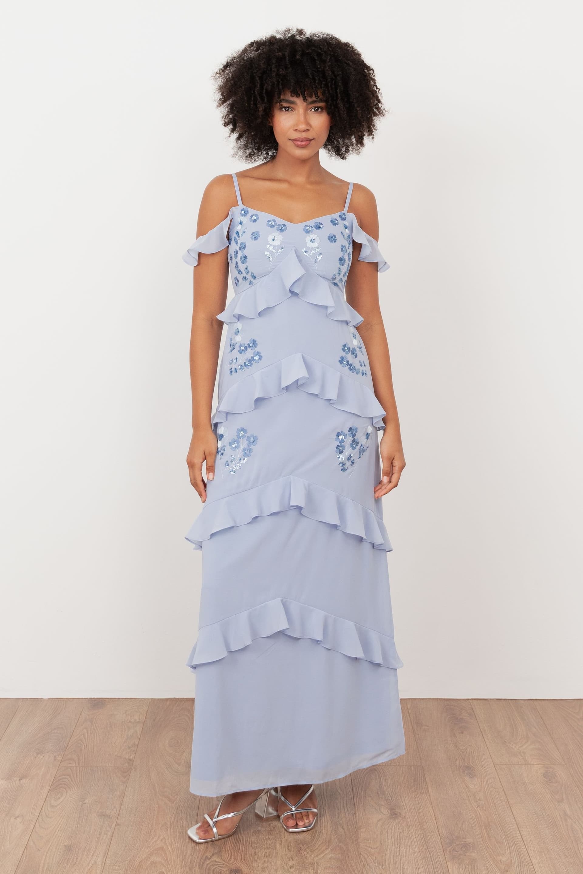 Maya Deluxe Maya Deluxe Women's Floral Embroidery Cold Shoulder Maxi Dress in Light Blue