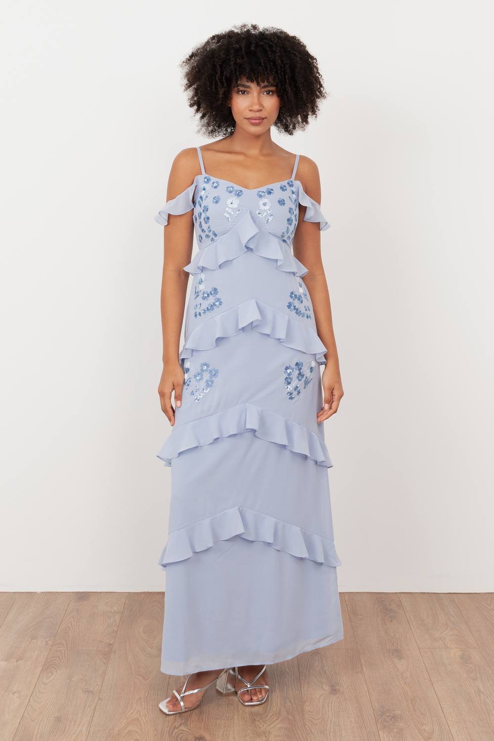 Maya Deluxe Maya Deluxe Women's Floral Embroidery Cold Shoulder Maxi Dress in Light Blue - 2