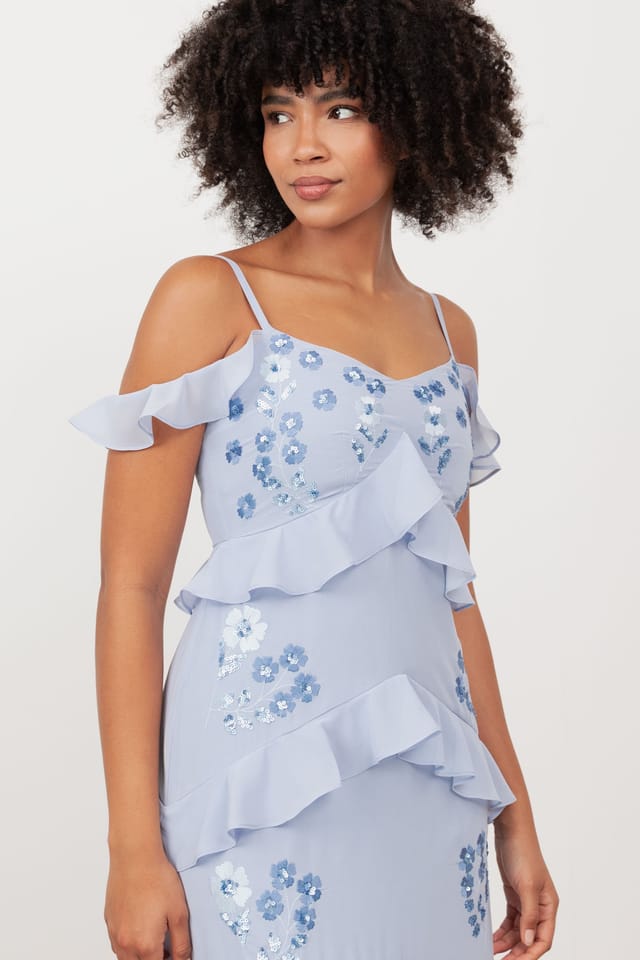 Maya Deluxe Maya Deluxe Women's Floral Embroidery Cold Shoulder Maxi Dress in Light Blue - 3