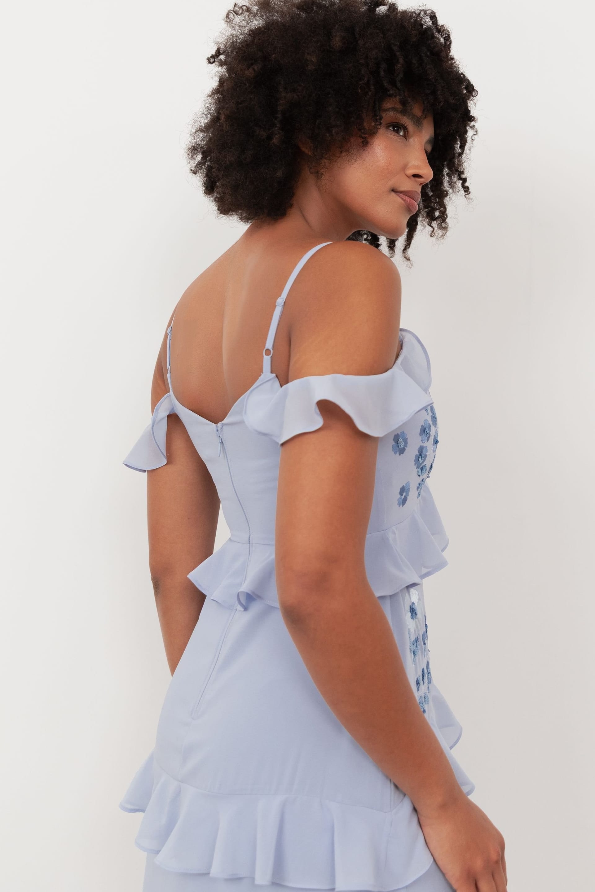 Maya Deluxe Maya Deluxe Women's Floral Embroidery Cold Shoulder Maxi Dress in Light Blue - 4