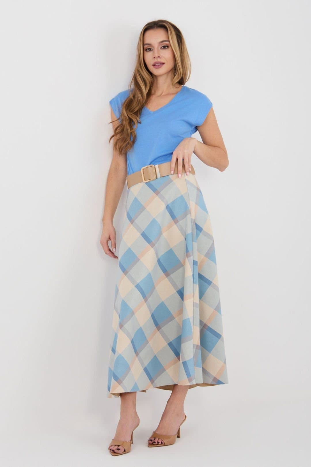Love Lace Love Lace Women's Classic Check Flared Maxi Skirt with Belt in Blue