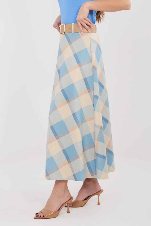Love Lace Love Lace Women's Classic Check Flared Maxi Skirt with Belt in Blue - 2