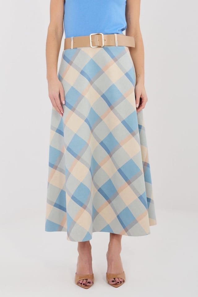 Love Lace Love Lace Women's Classic Check Flared Maxi Skirt with Belt in Blue - 3