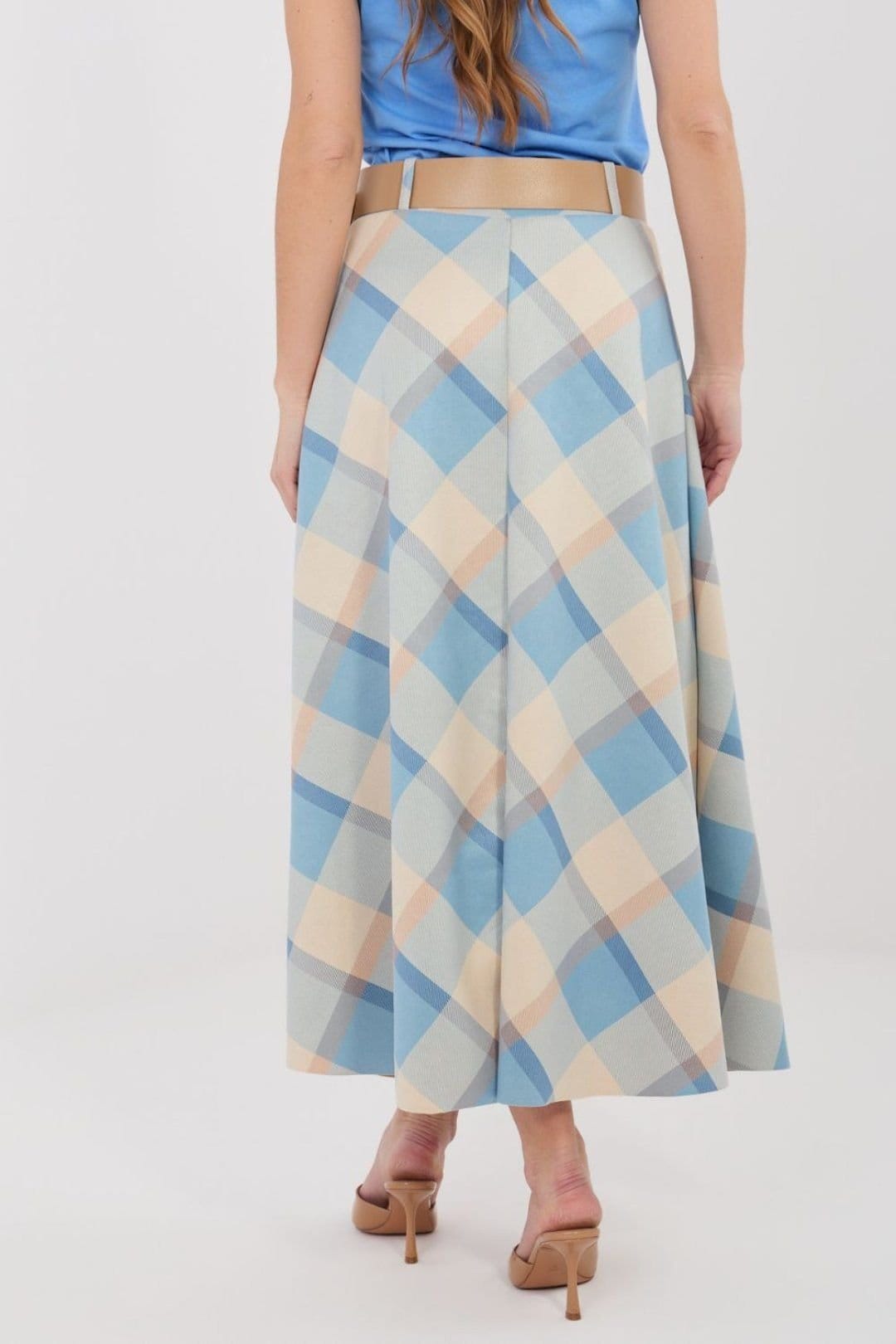 Love Lace Love Lace Women's Classic Check Flared Maxi Skirt with Belt in Blue - 4