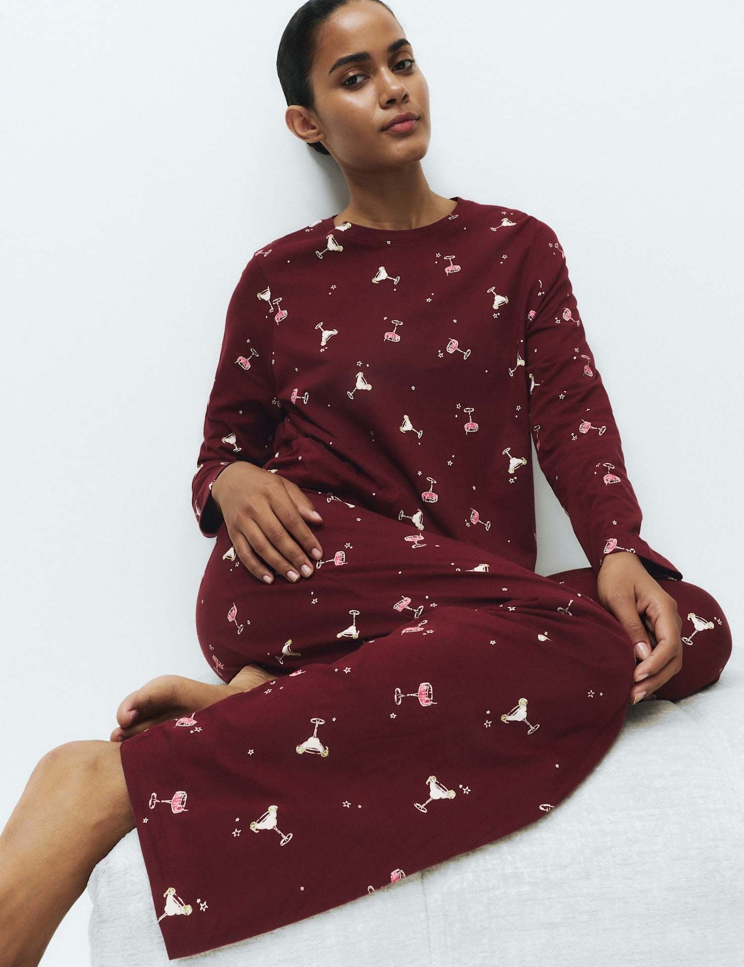 Marks & Spencer M&S Pure Cotton Printed Pyjama Set Burgundy