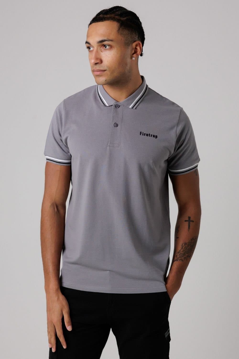 Firetrap Firetrap Men's Regular Fit Cotton Button Polo Shirt with Stripe Detail in Dark Grey