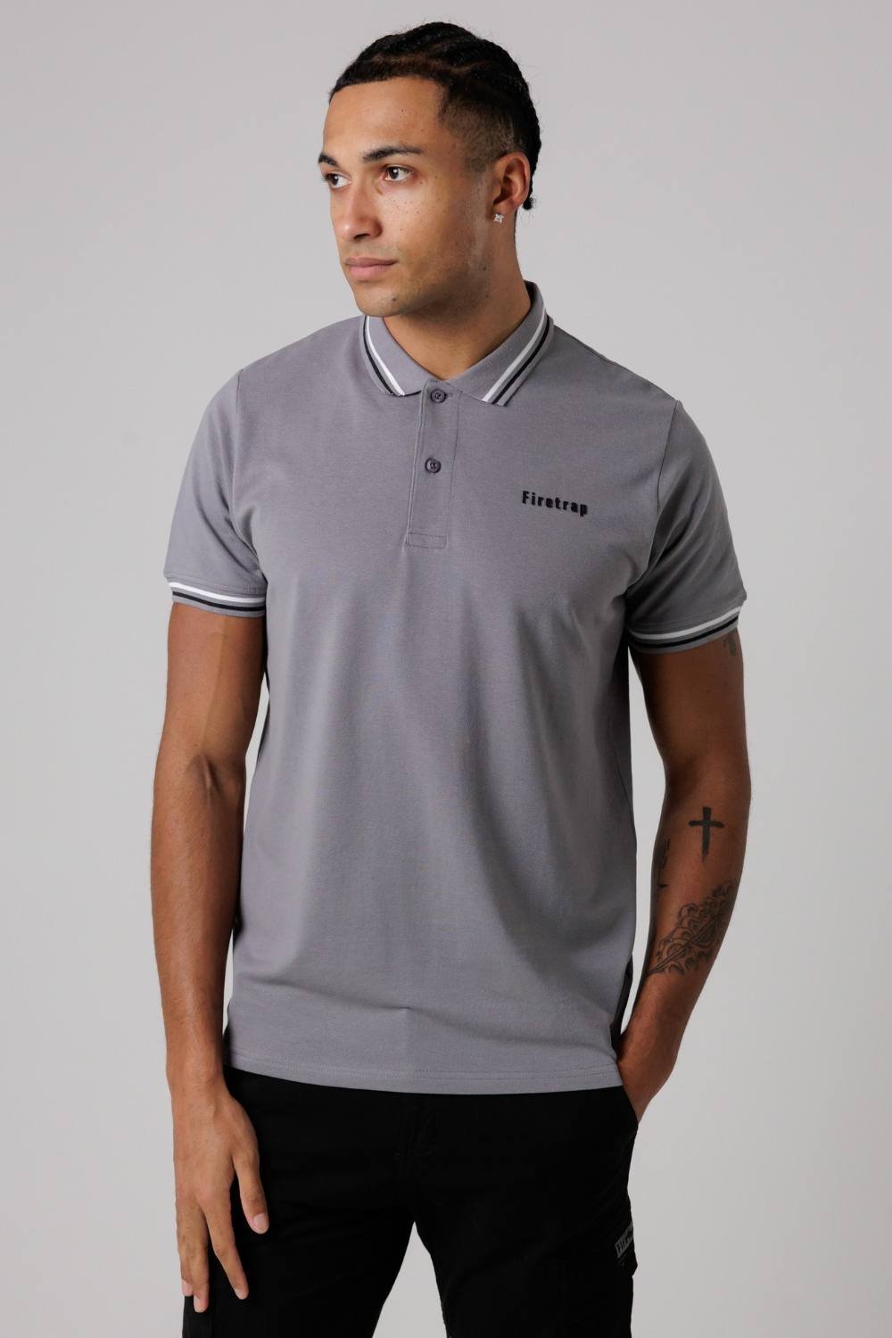 Firetrap Firetrap Men's Regular Fit Cotton Button Polo Shirt with Stripe Detail in Dark Grey - 3