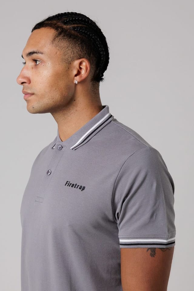 Firetrap Firetrap Men's Regular Fit Cotton Button Polo Shirt with Stripe Detail in Dark Grey - 3