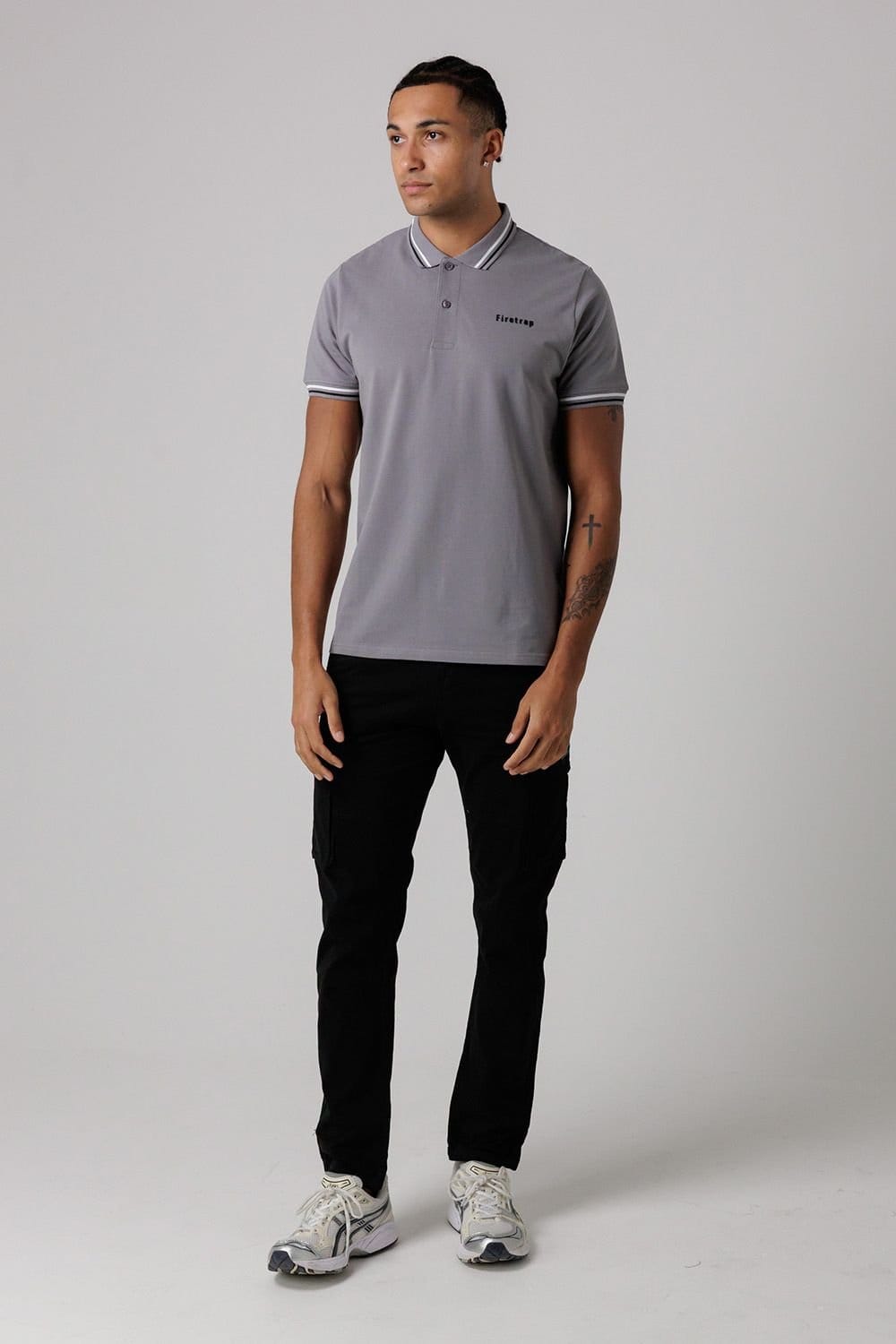Firetrap Firetrap Men's Regular Fit Cotton Button Polo Shirt with Stripe Detail in Dark Grey - 4