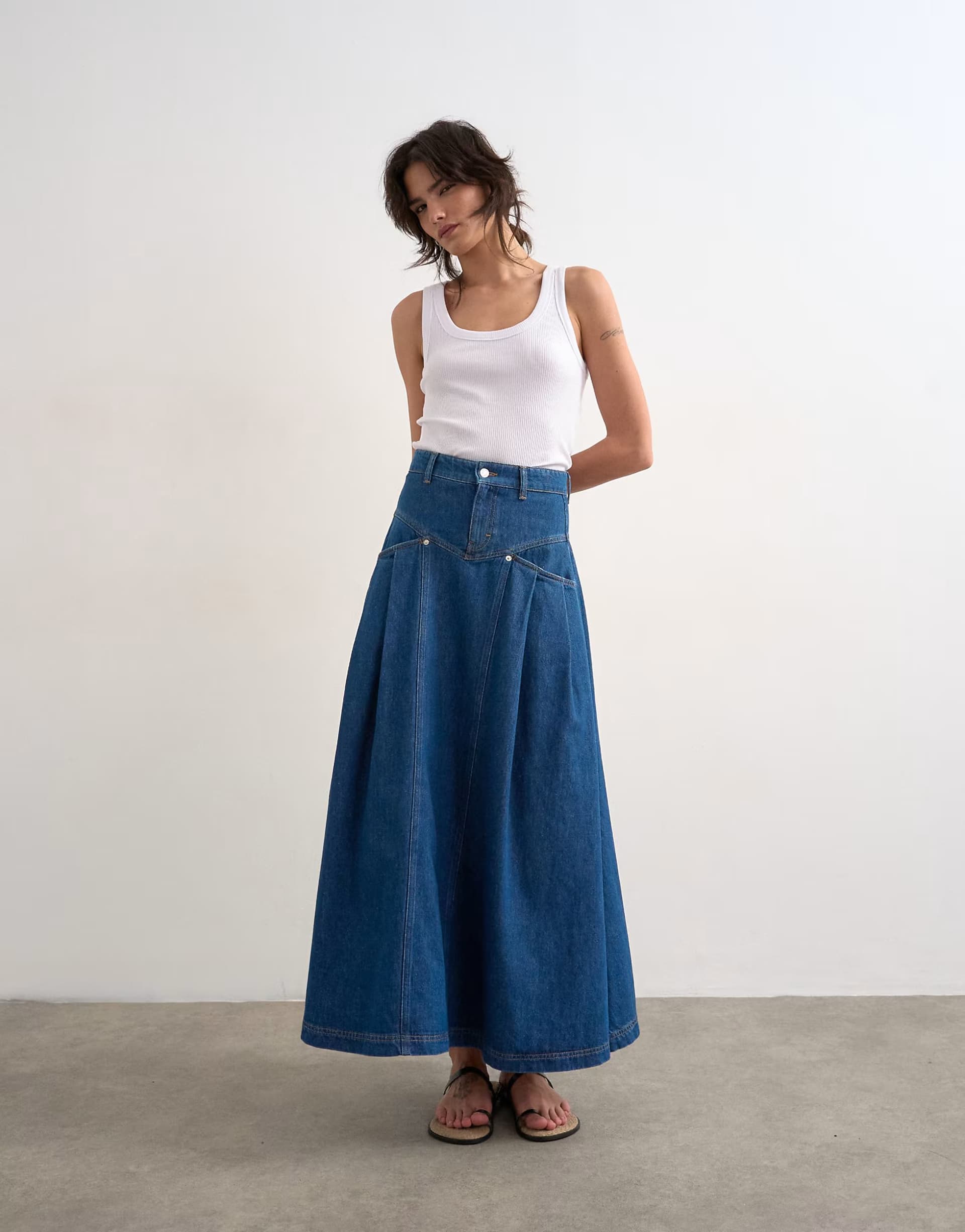 ASOS Topshop denim yoke pleated maxi skirt in rich blue