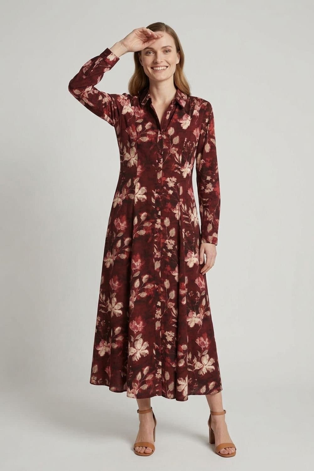 Izabel London Izabel London Women's Floral Long Sleeve Button-Up Midi Dress in Burgundy