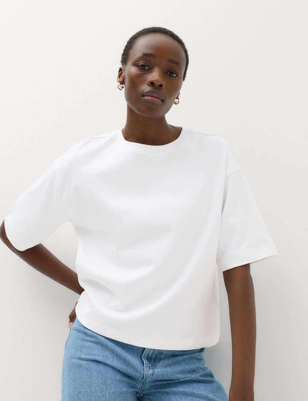 Marks & Spencer M&S Pure Cotton Striped Boxy T-Shirt White
