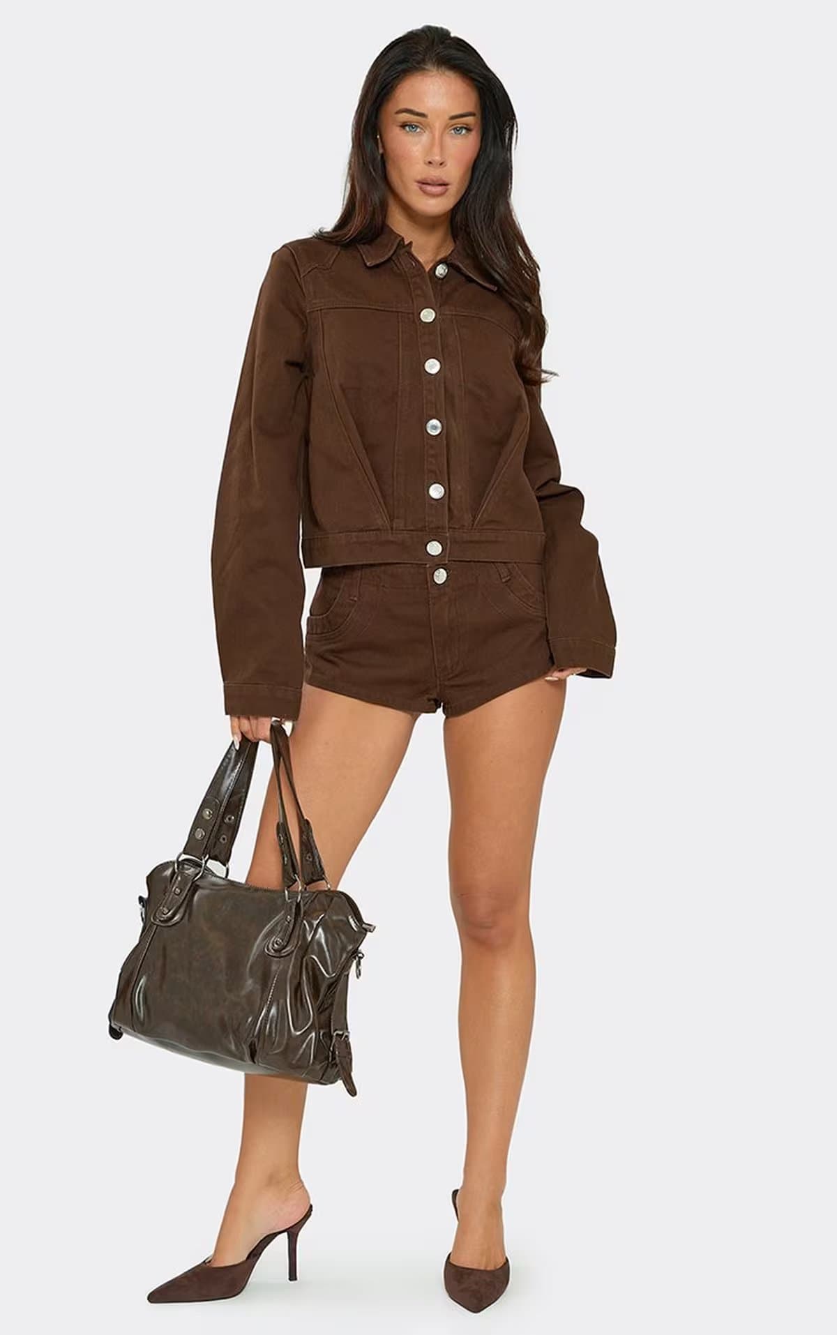 EGO Long Sleeve Seam Detail Jacket In Chocolate Brown Denim, Women's Size UK 6