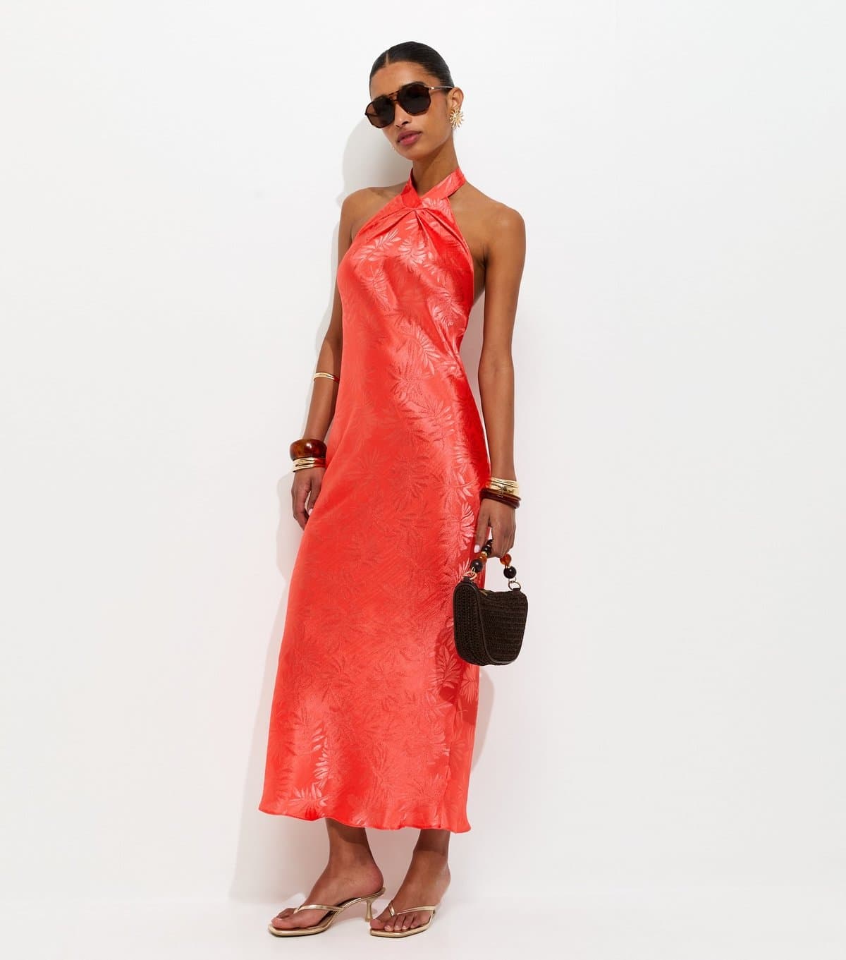 New Look Women's Coral Palm Leaf Jacquard Halter Neck Maxi Dress New Look