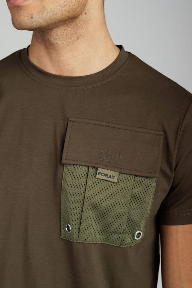 Foray Foray Men's Short Sleeve Cotton Utility Pocket Crew T-Shirt in Khaki - 3