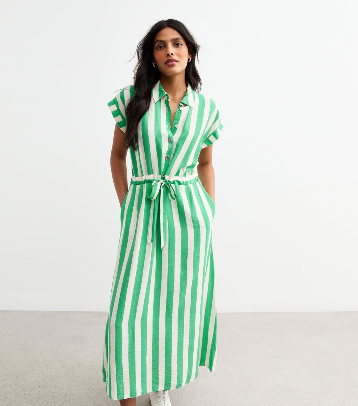 New Look Women's Green Stripe Print Tie Front Shirt Dress New Look