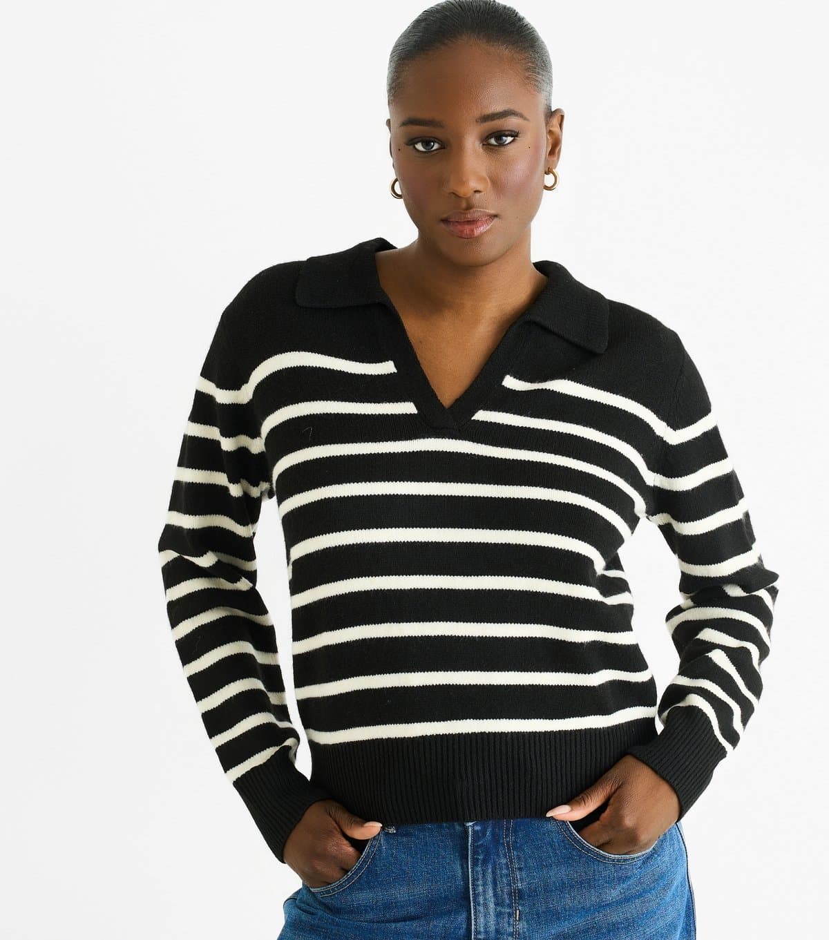 Gini London Women's Black Striped Collared V-Neck Jumper Gini London New Look