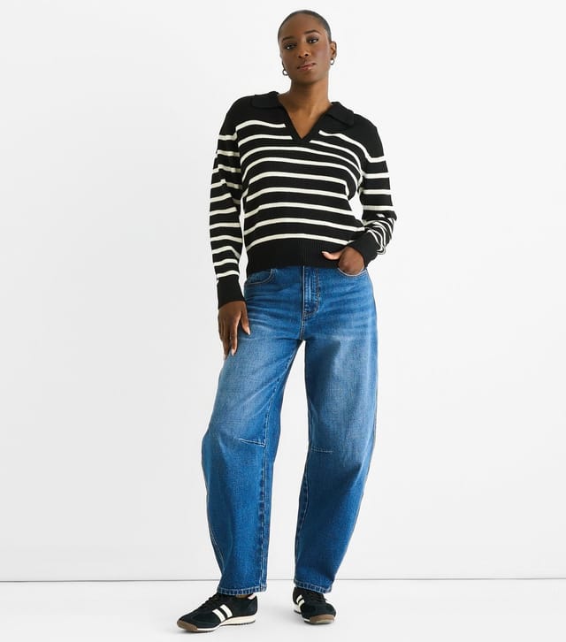 Gini London Women's Black Striped Collared V-Neck Jumper Gini London New Look - 2