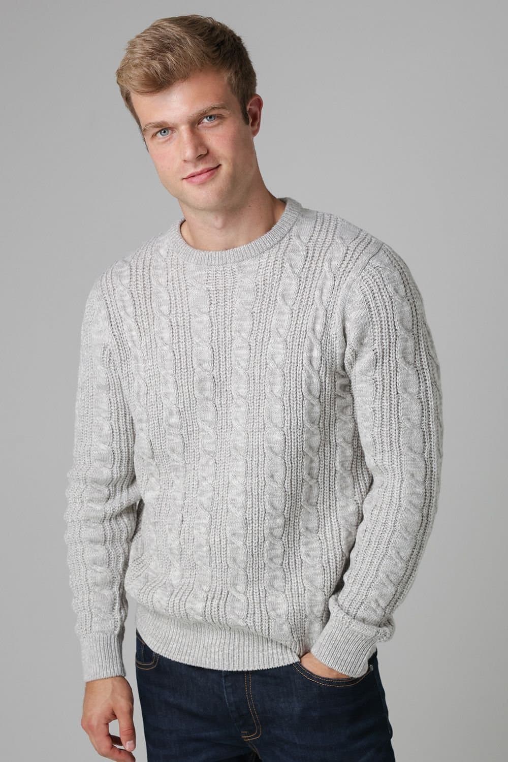French Connection French Connection Men's Cable Knit Crew Neck Jumper in Ecru