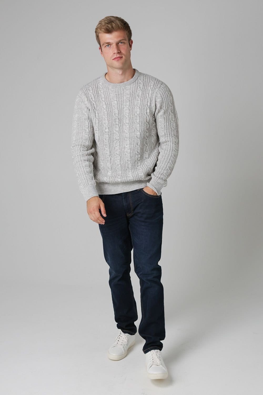 French Connection French Connection Men's Cable Knit Crew Neck Jumper in Ecru - 4