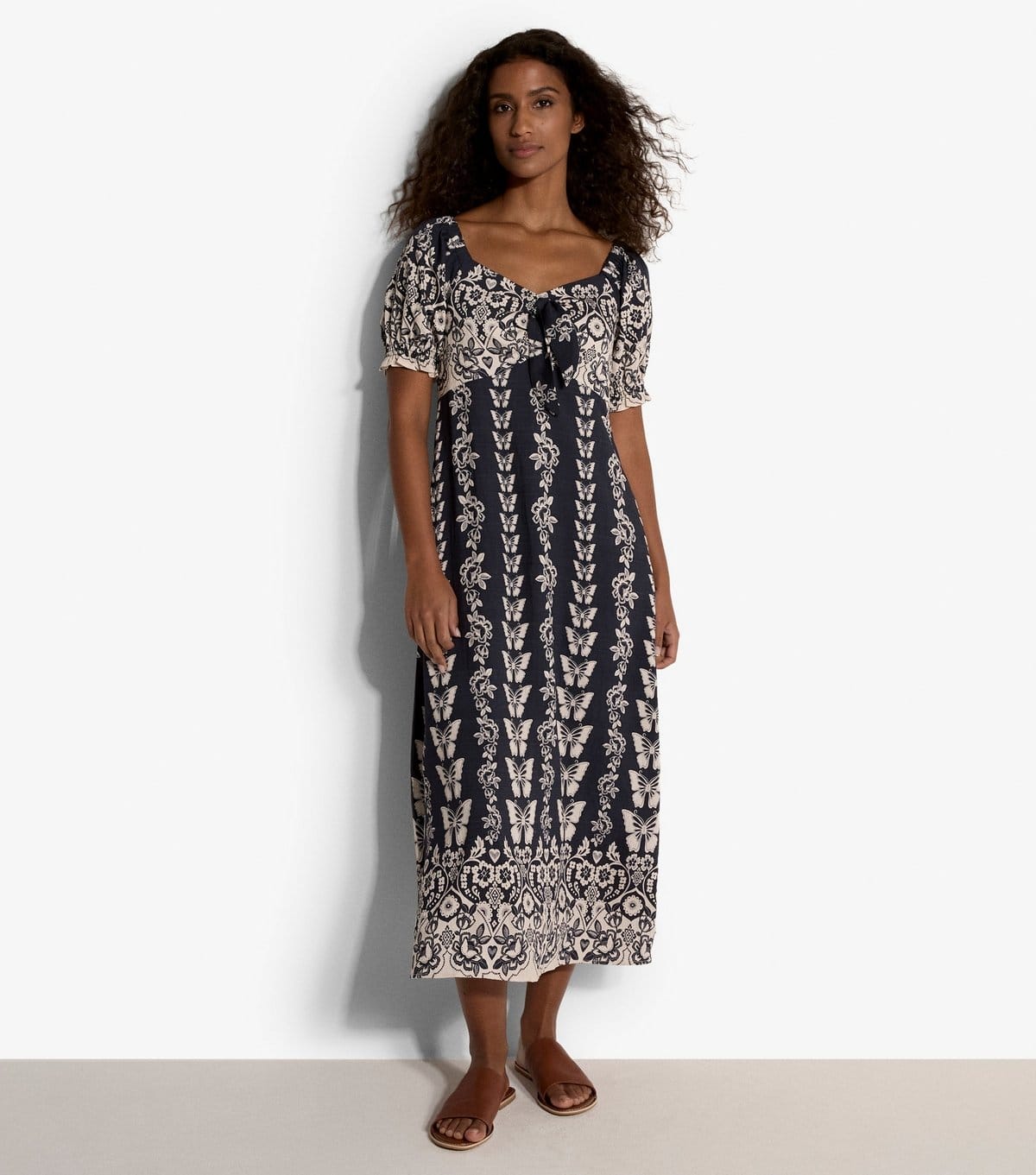Apricot Navy Butterflies Print Midi Dress