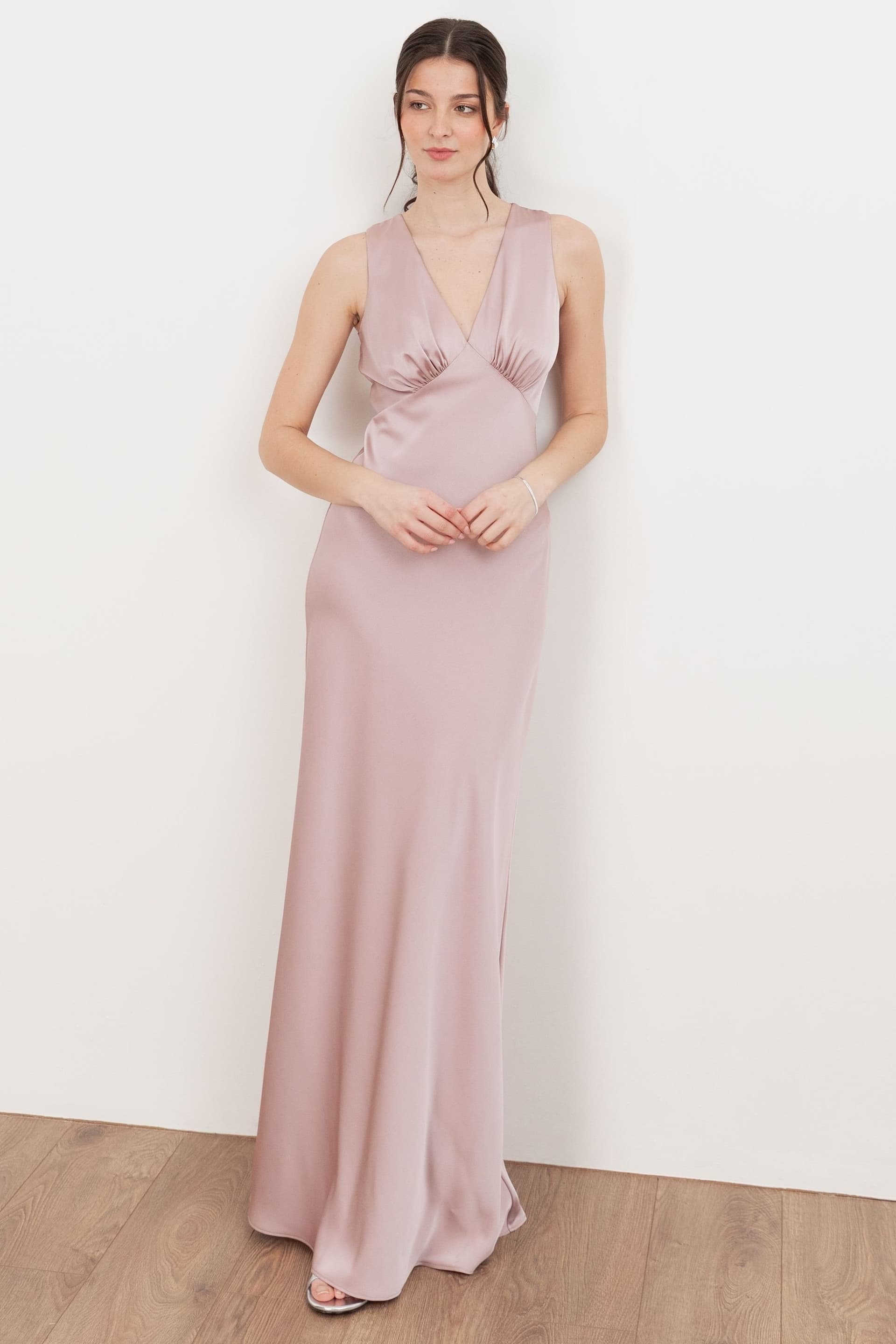 Maya Deluxe Maya Deluxe Women's Sleeveless V Neck Satin Maxi Dress in Light Pink