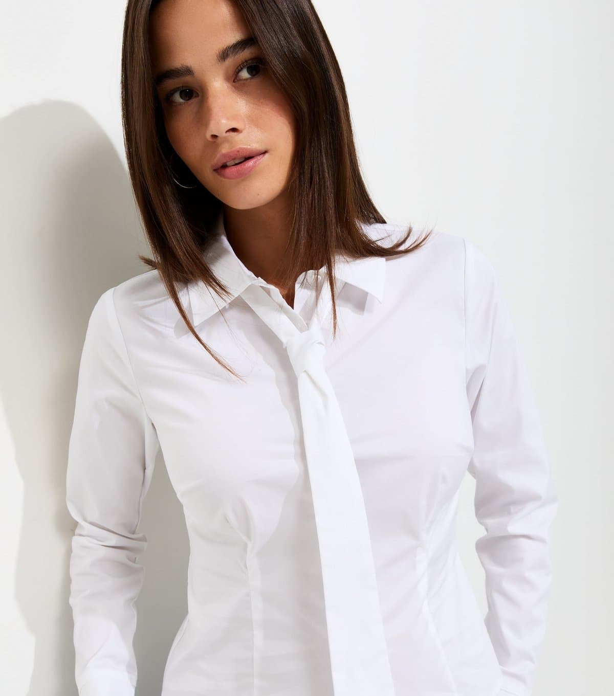 New Look New Look White Cotton-Rich Tie Neck Fitted Shirt