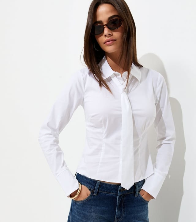 New Look Women's White Cotton Rich Tie Neck Fitted Shirt New Look - 2