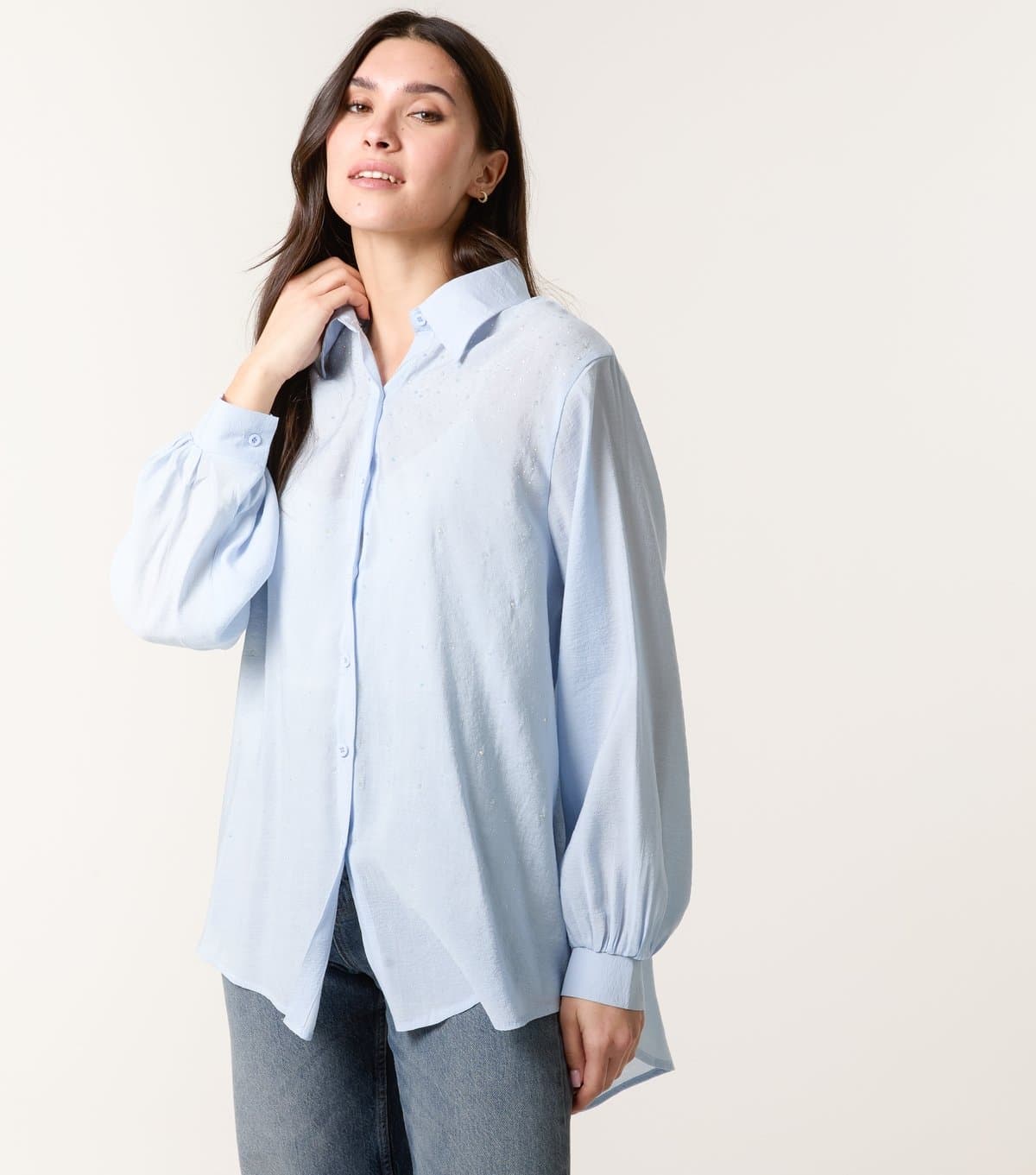Blue Vanilla Women's Light Blue Gem Stud Embellished Shirt Blue Vanilla New Look