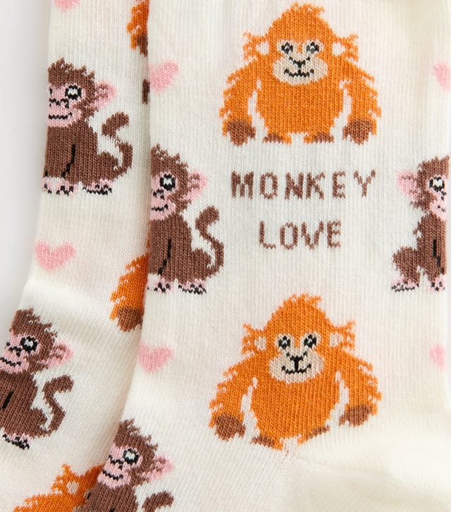 New Look Cream Cotton Rich Monkey Love Ankle Socks New Look - 2