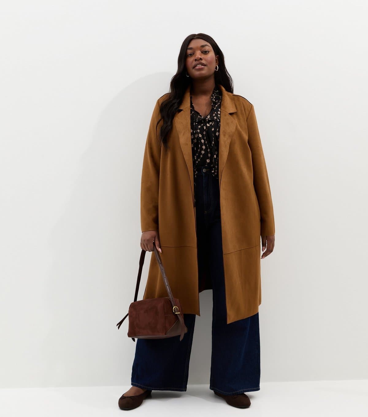 New Look Women's Plus Size Tan Faux Suede Wrap Coat Curves New Look