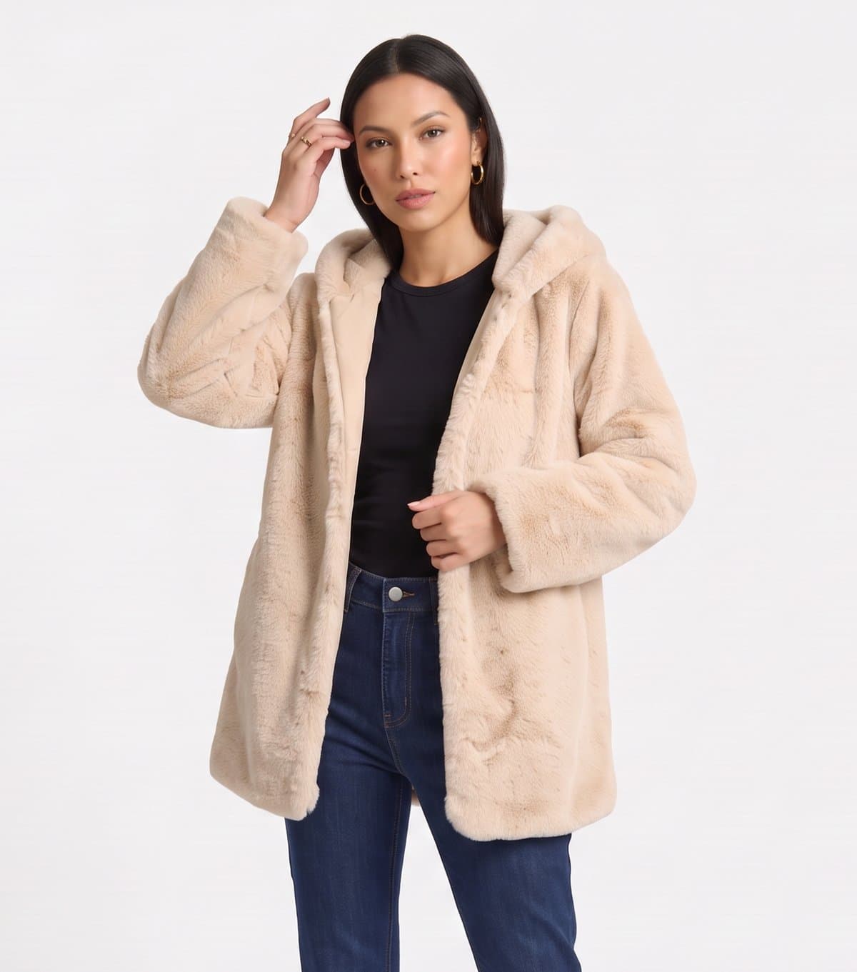 Gini London Women's Cream Hooded Long Sleeve Faux Fur Jacket Gini London New Look