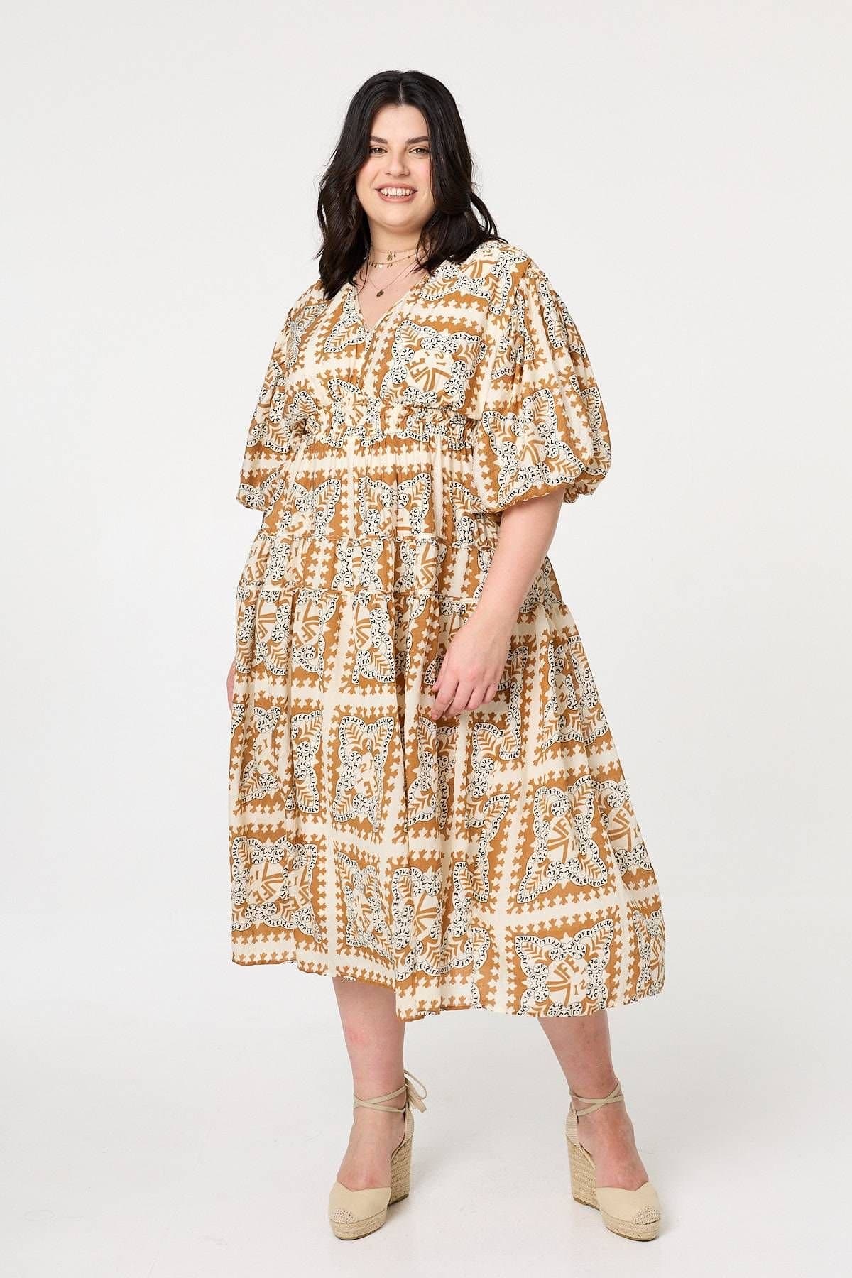 Izabel London Izabel London Women's Mosaic Print 1/2 Puff Sleeve Midi Dress in Yellow
