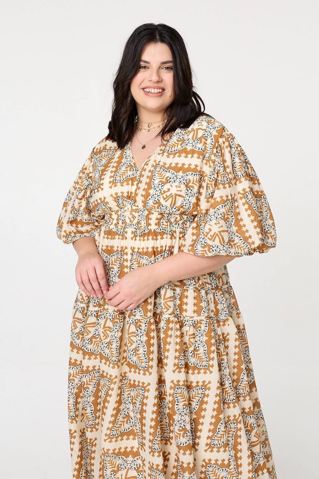 Izabel London Izabel London Women's Mosaic Print 1/2 Puff Sleeve Midi Dress in Yellow - 2