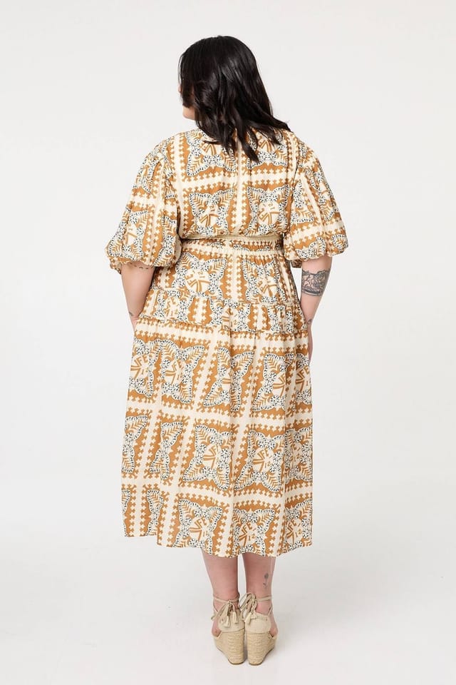 Izabel London Izabel London Women's Mosaic Print 1/2 Puff Sleeve Midi Dress in Yellow - 3
