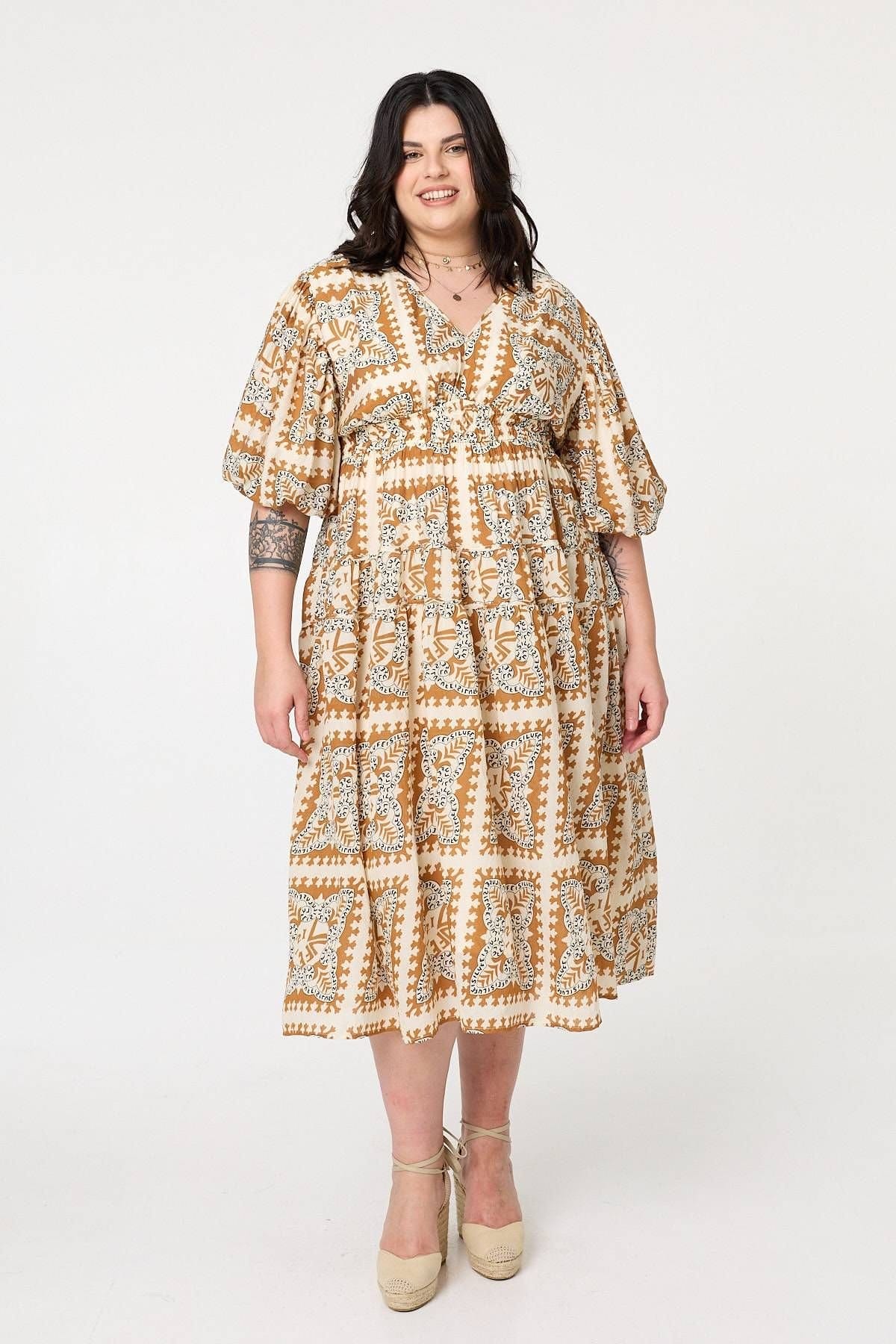 Izabel London Izabel London Women's Mosaic Print 1/2 Puff Sleeve Midi Dress in Yellow - 4