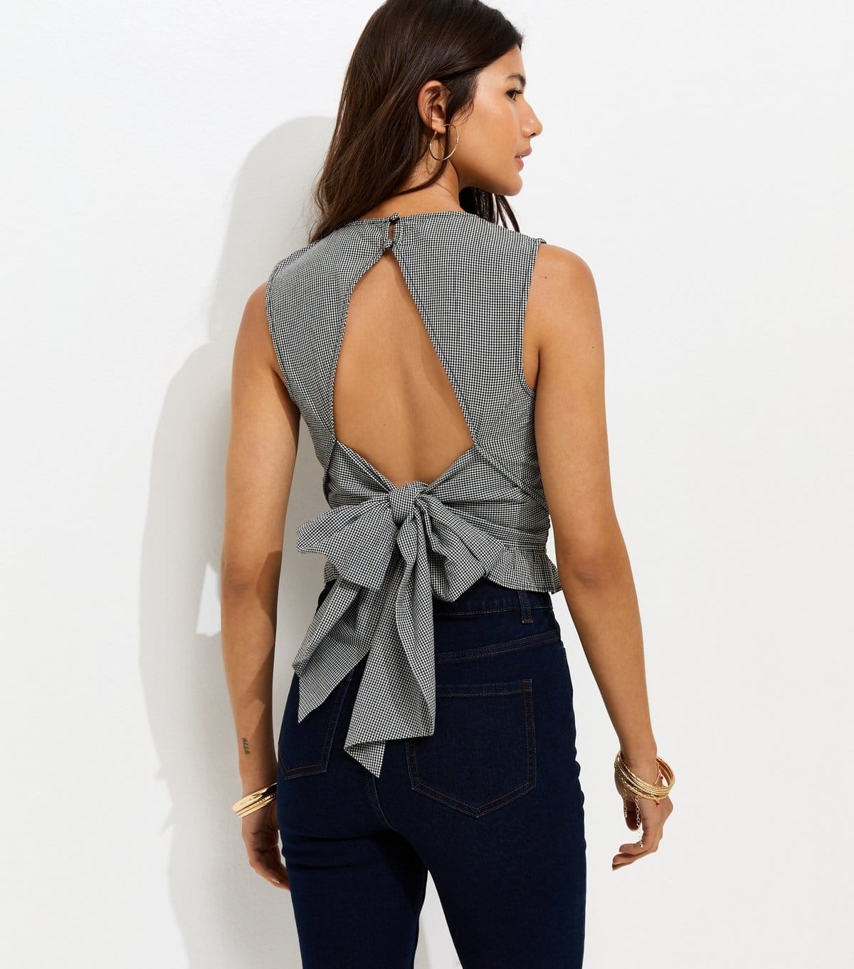 New Look Women's Black Cotton Gingham Print Open Back Shirred Top New Look - 4