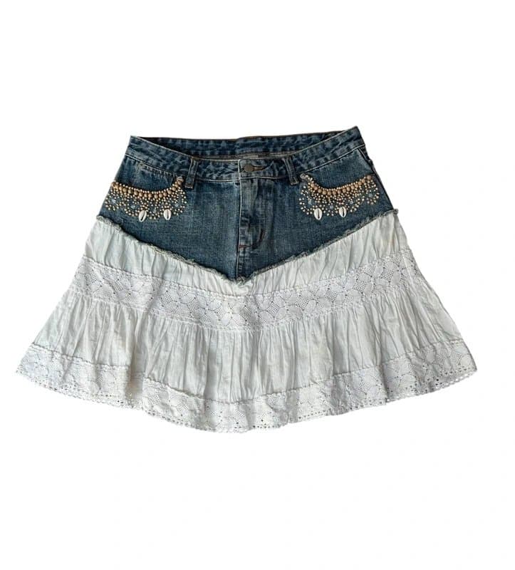 New Look y2k blue and white shell bead embellished lace embroidered denim midi skirt