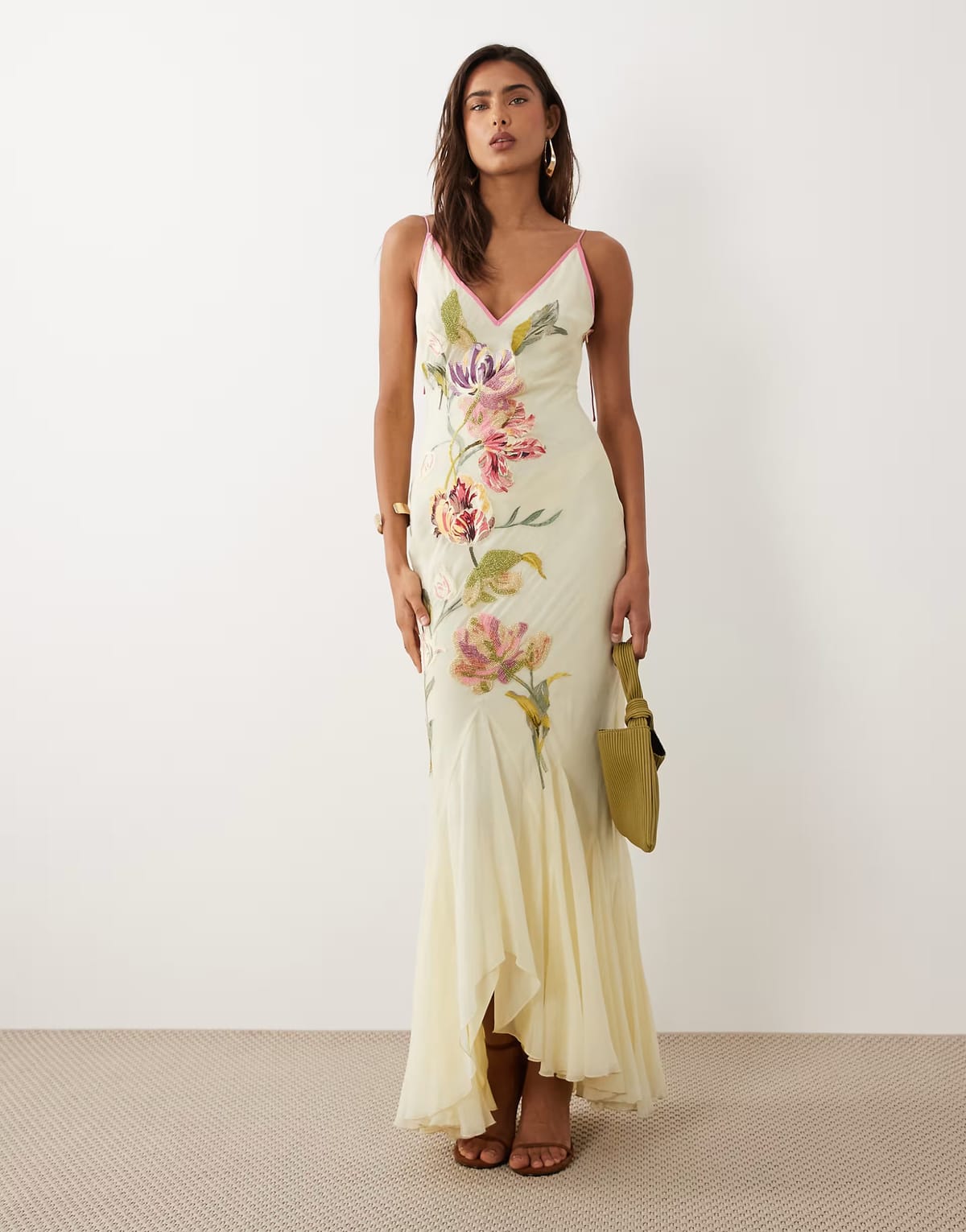 ASOS ASOS DESIGN embroidery & embellished maxi dress with godets and contrast straps & binding in Yellow - 1