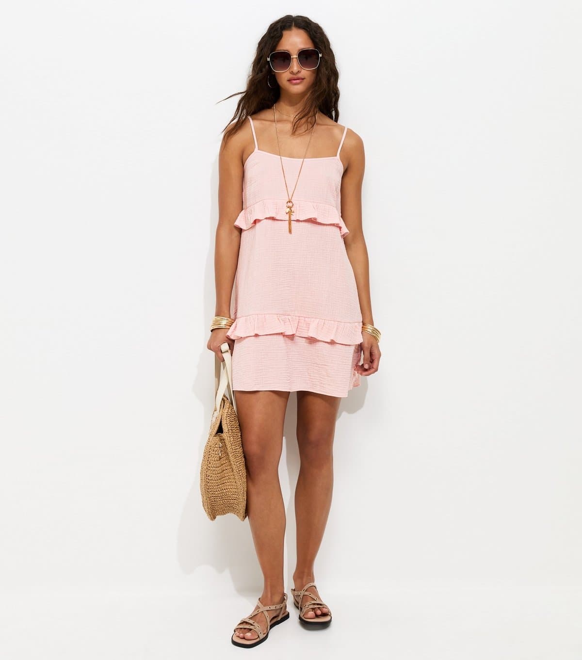 New Look Women's Pale Pink Crinkle Texture Ruffle Trim Mini Dress New Look
