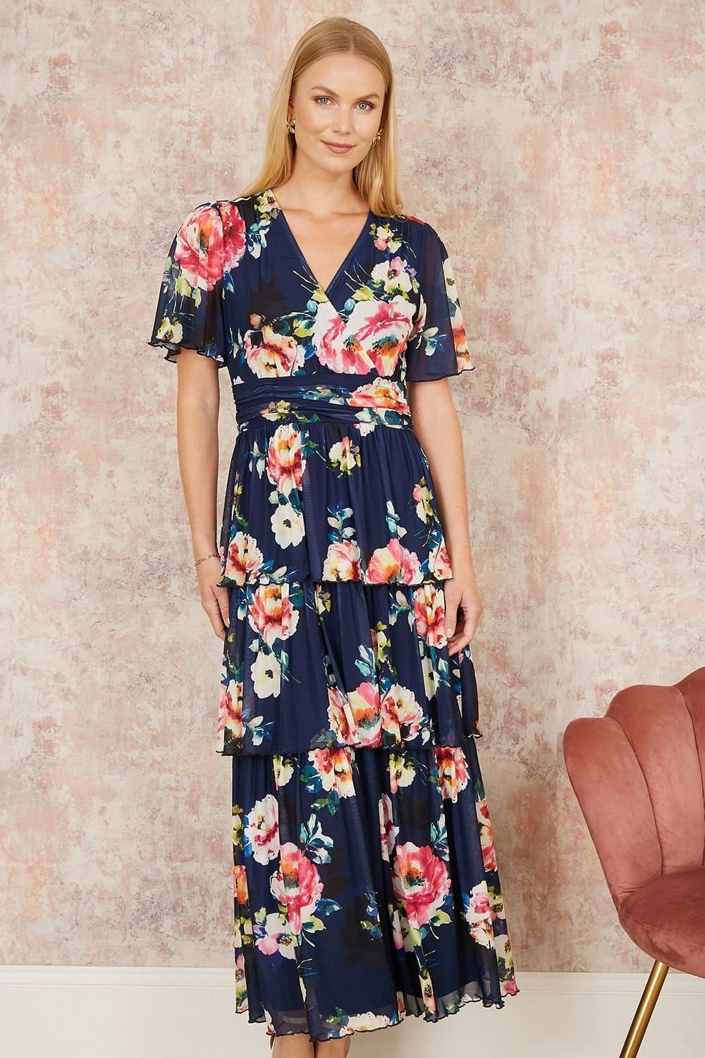 Yumi Yumi Women's Navy Floral Mesh Tiered Maxi Dress