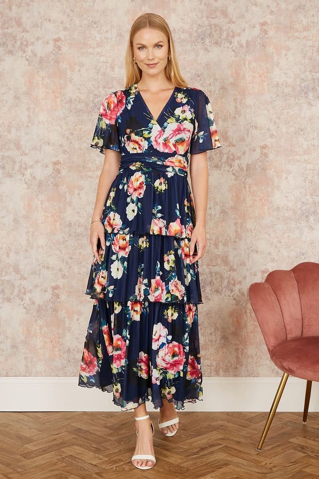 Yumi Yumi Women's Navy Floral Mesh Tiered Maxi Dress - 2