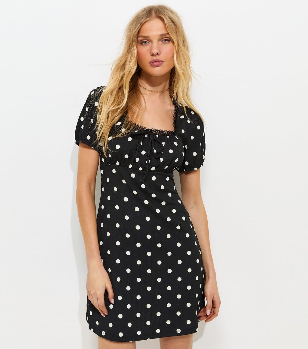 New Look Women's Black Crinkle Texture Spotted Milkmaid Mini Dress New Look