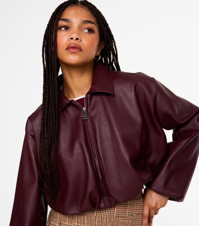 Pink Vanilla Women's Burgundy Faux Leather Puff Ball Jacket Pink Vanilla New Look - 3