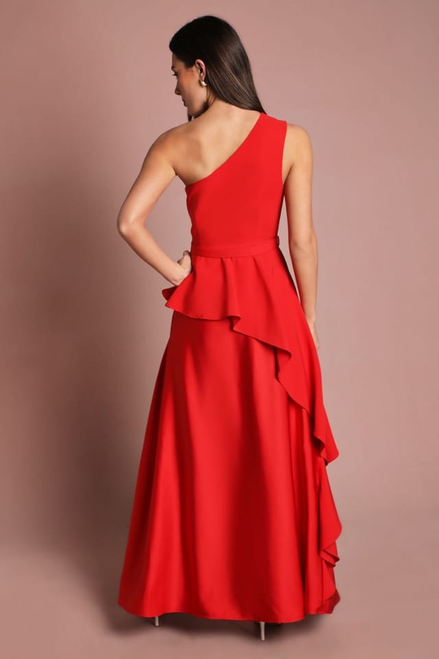 Coast Coast Women's One Shoulder Ruffle Detail Satin Maxi Dress in Red - 3