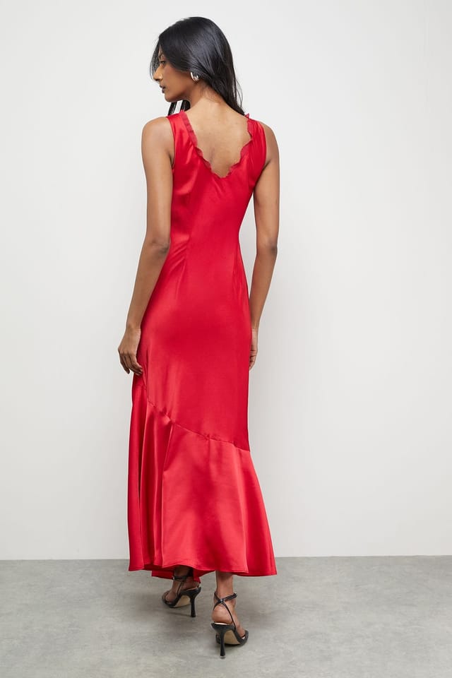 Warehouse Warehouse Women's Premium Viscose Satin Raw Edge Asymmetric Midi Slip Dress in Red - 3