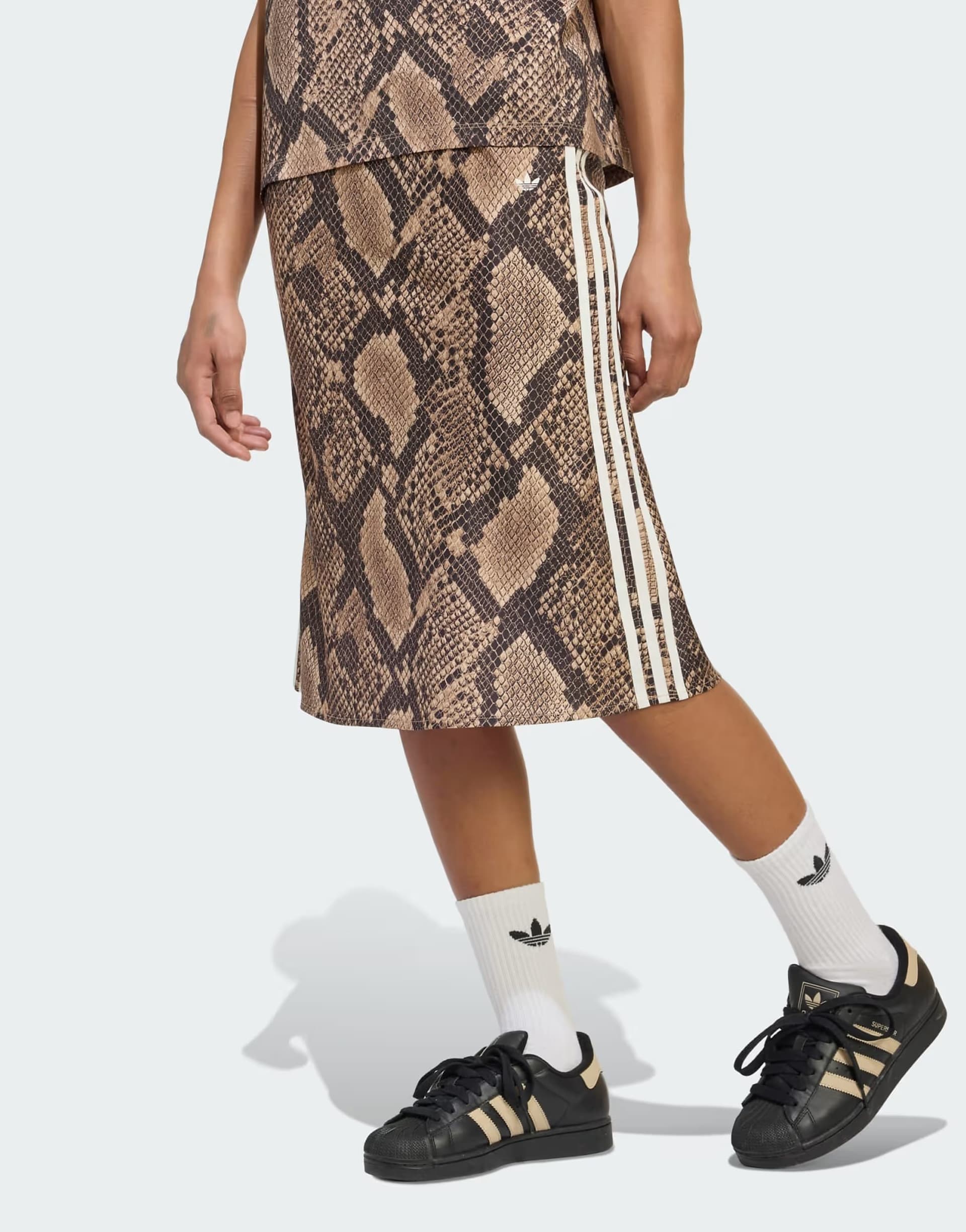 ASOS adidas Originals Snake print satin skirt in linen / magic beige