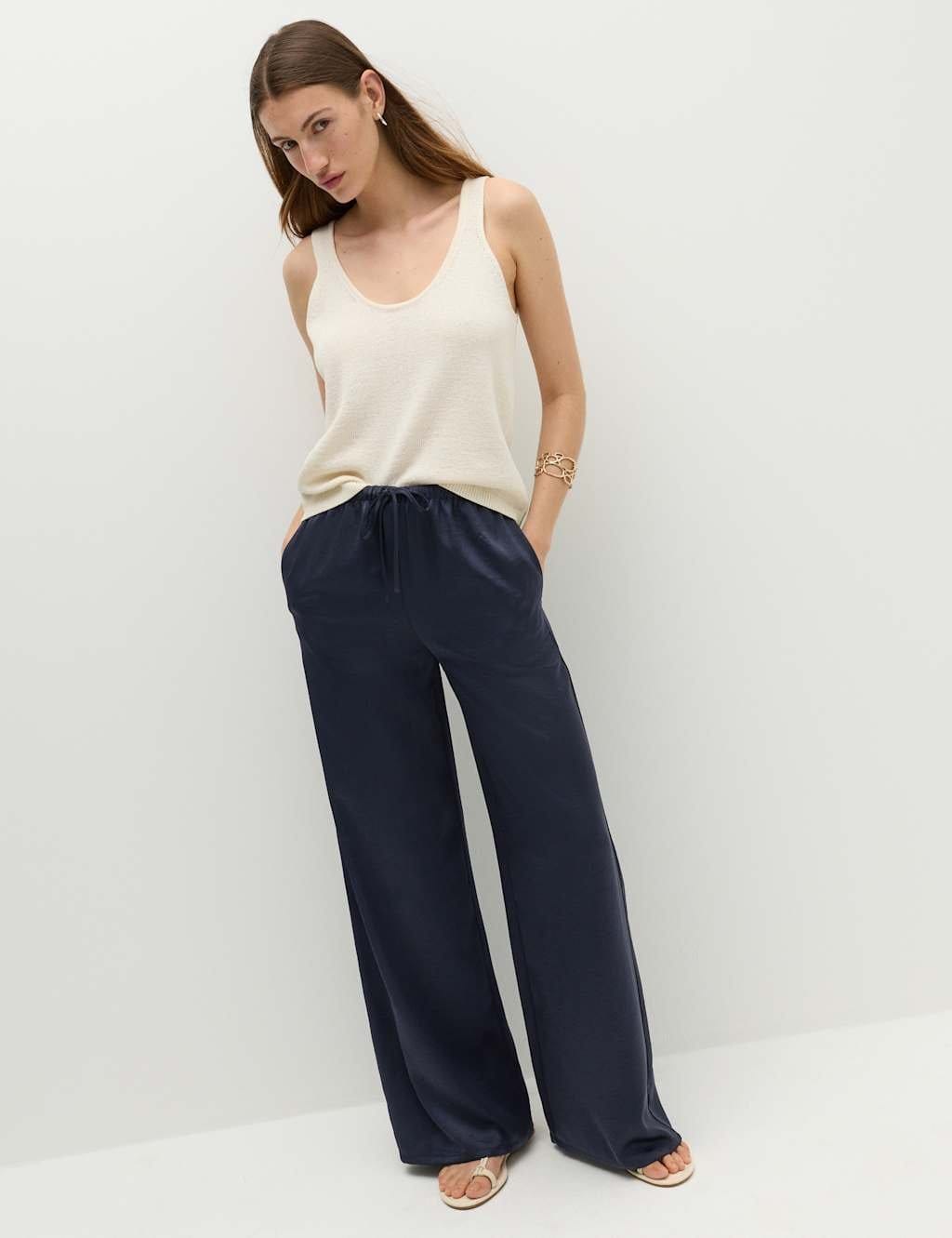 M&S Satin Drawstring Wide Leg Trousers Navy