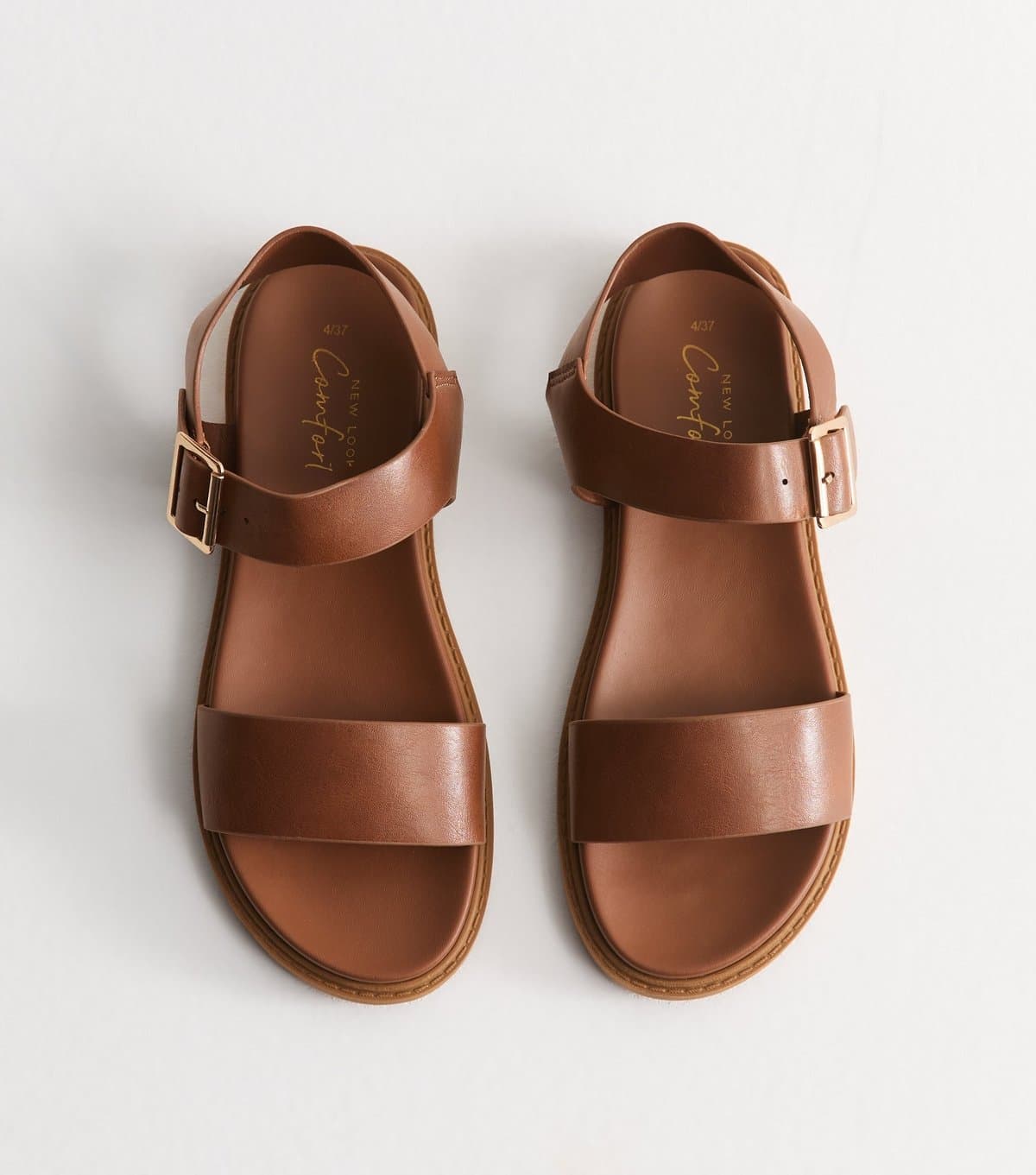 New Look Women's Tan Faux Leather Wide Strap Flat Sandals Vegan New Look